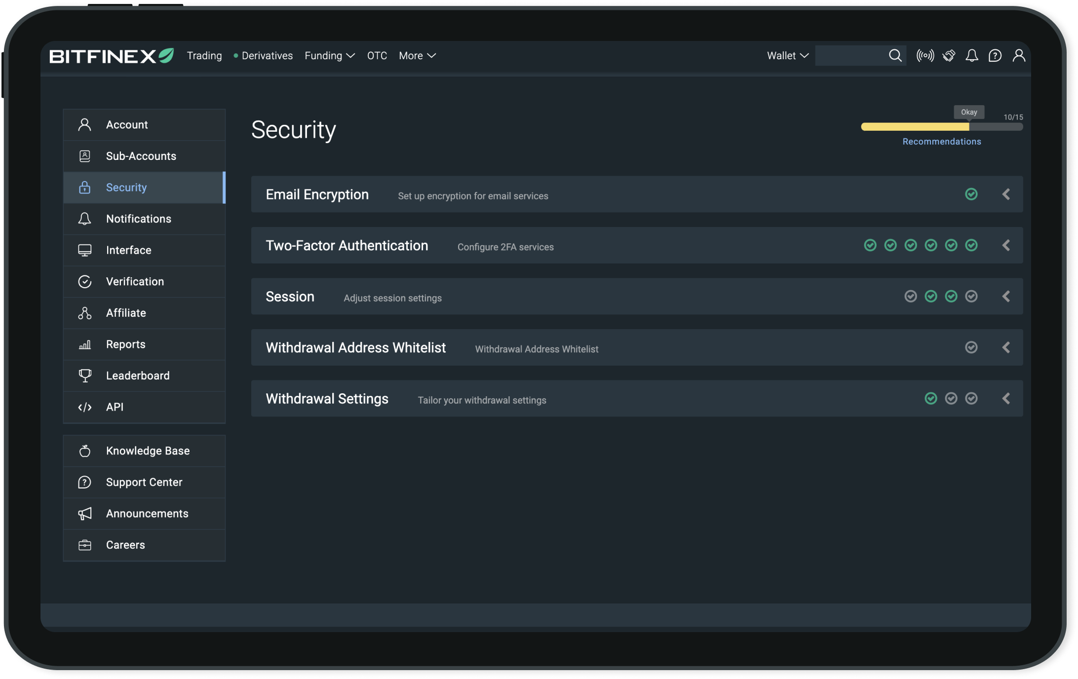 Bitfinex Security Settings